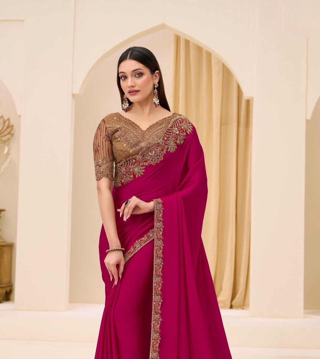 Ruby Red Cocktail Party Wear Readymade Saree