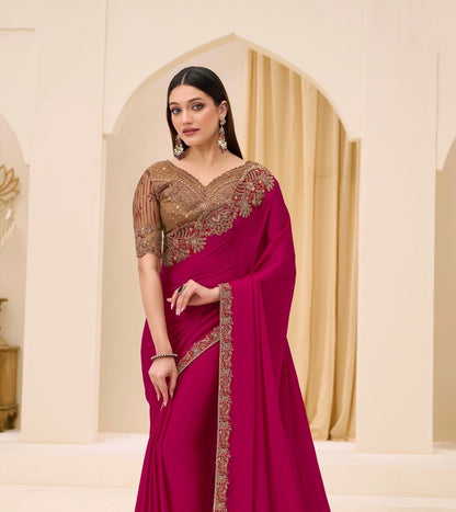Ruby Red Cocktail Party Wear Readymade Saree