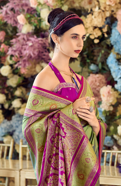 Green Color Soft Silk Readymade/Easy Saree