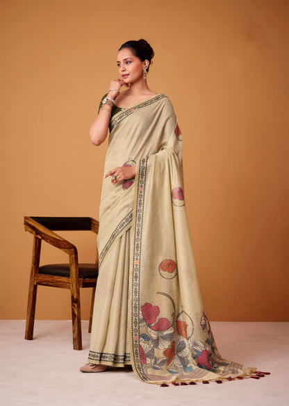 Light Beige Cotton Easy/Readymade Saree
