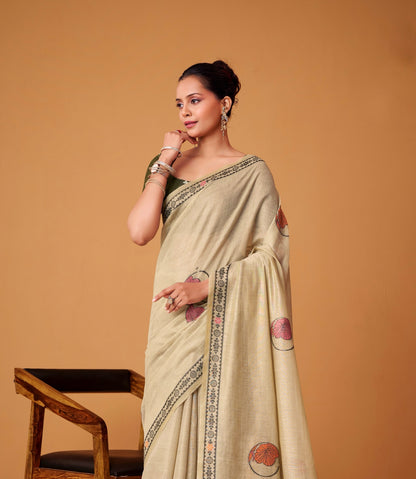 Light Beige Cotton Ready To Wear/Easy Saree