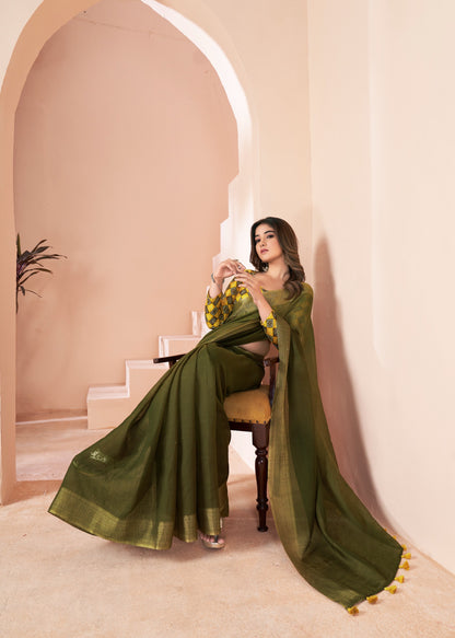 Green Linen Easy/Readymade Saree