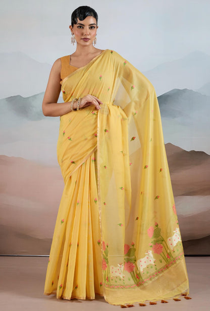Yelllow Spun Cotton Readymade/Easy Saree