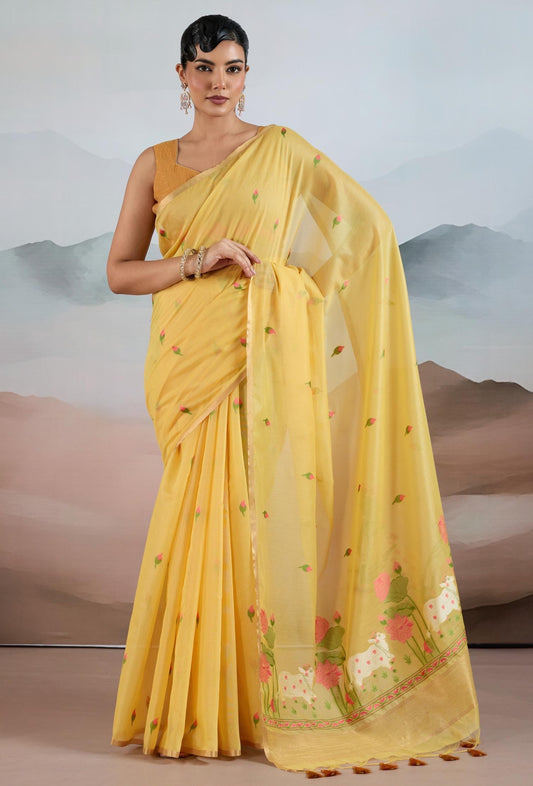 Yelllow Spun Cotton Readymade/Easy Saree