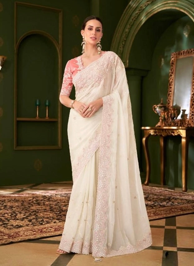 Off White Cocktail Ready To Wear/Easy Saree - Panaash Saree