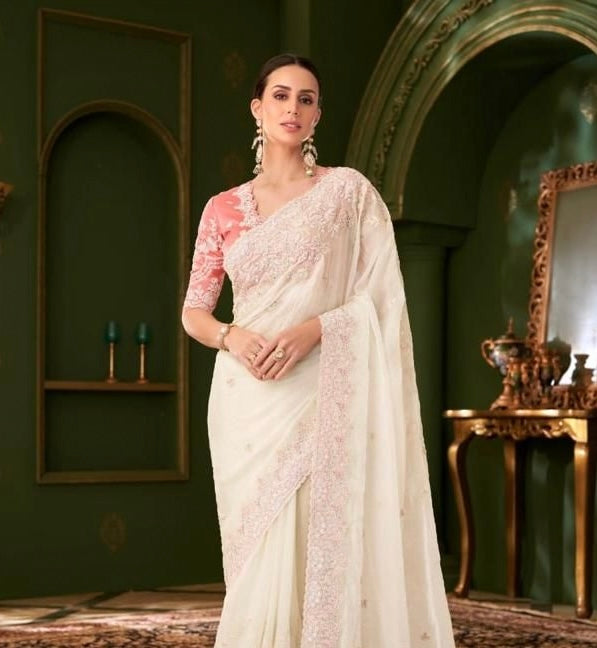 Off White Cocktail Ready To Wear/Easy Saree - Panaash Saree
