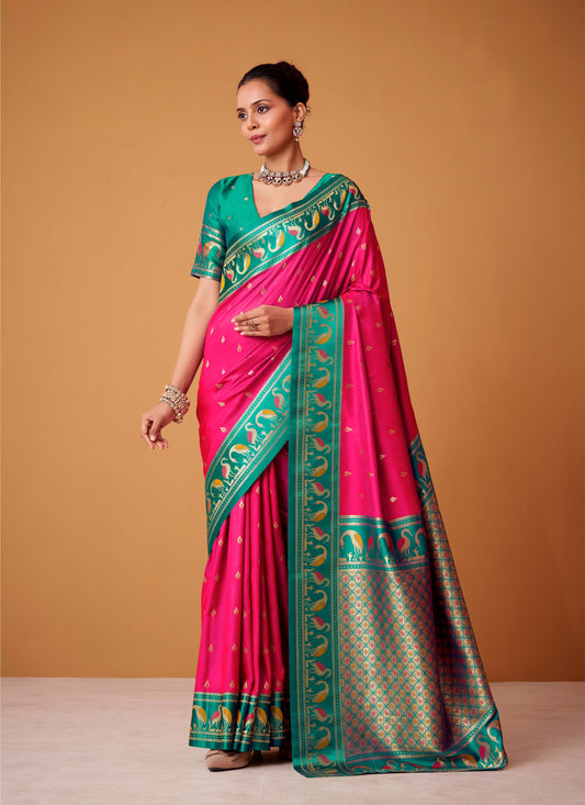 Deep Pink Satin Silk Readymade/Easy Saree