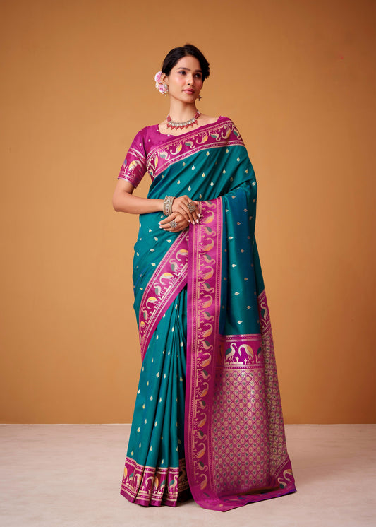 Teal Green Satin Silk Readymade/Easy Saree