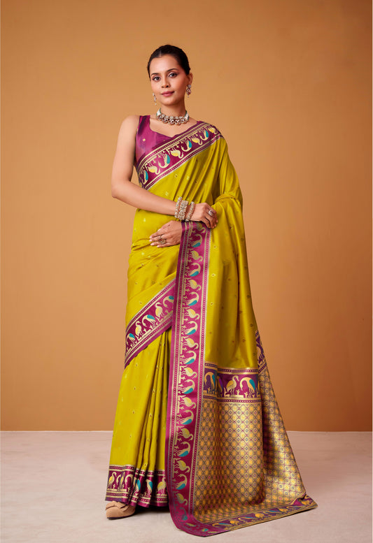 Lime Green Satin Silk Readymade/Easy Saree