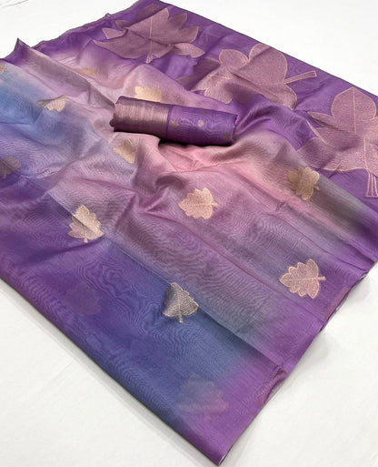 Lavender printed linen saree fabric close-up with gold floral motifs