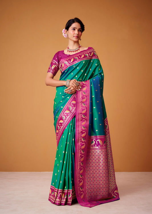 Emerald Green Satin Silk Readymade/Easy Saree