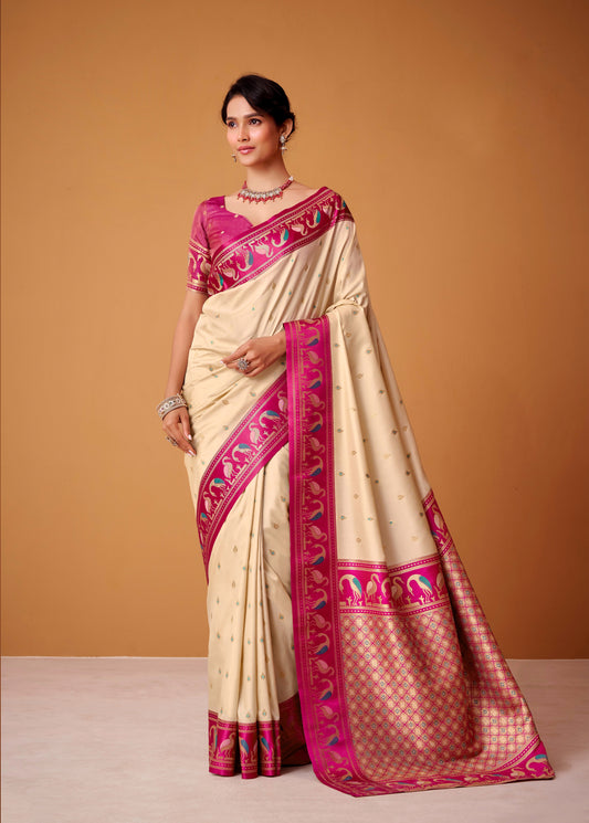 Ivory Satin Silk Readymade/Easy Saree
