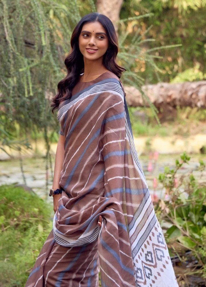 Brown Linen Cotton Casual Readymade/Easy Saree