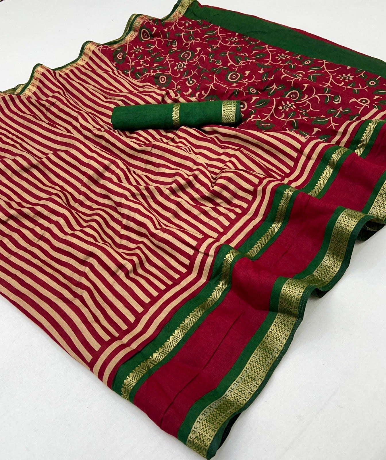 Red Striped Mul Cotton Ready To Wear/Easy Saree