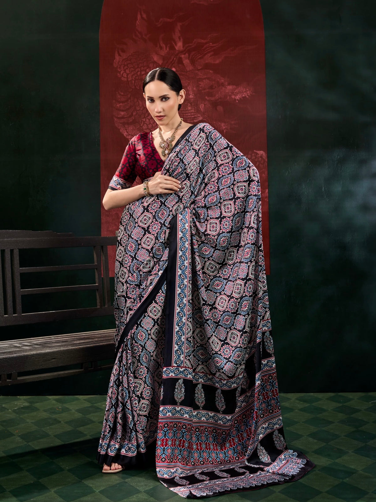 Black Ajrakh Modal Silk Ready To Wear/Easy Saree