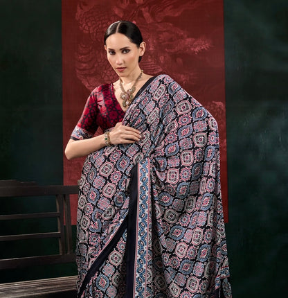Black Ajrakh Modal Silk Ready To Wear/Easy Saree