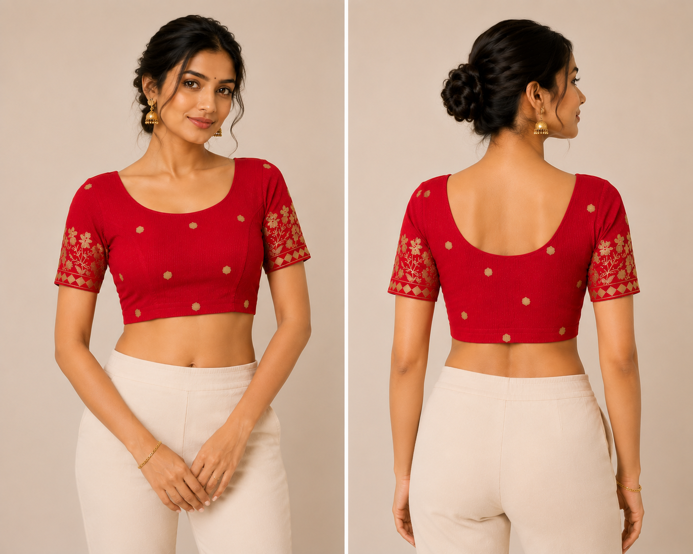 Red short-sleeve stretch blouse with floral butti print and round neckline