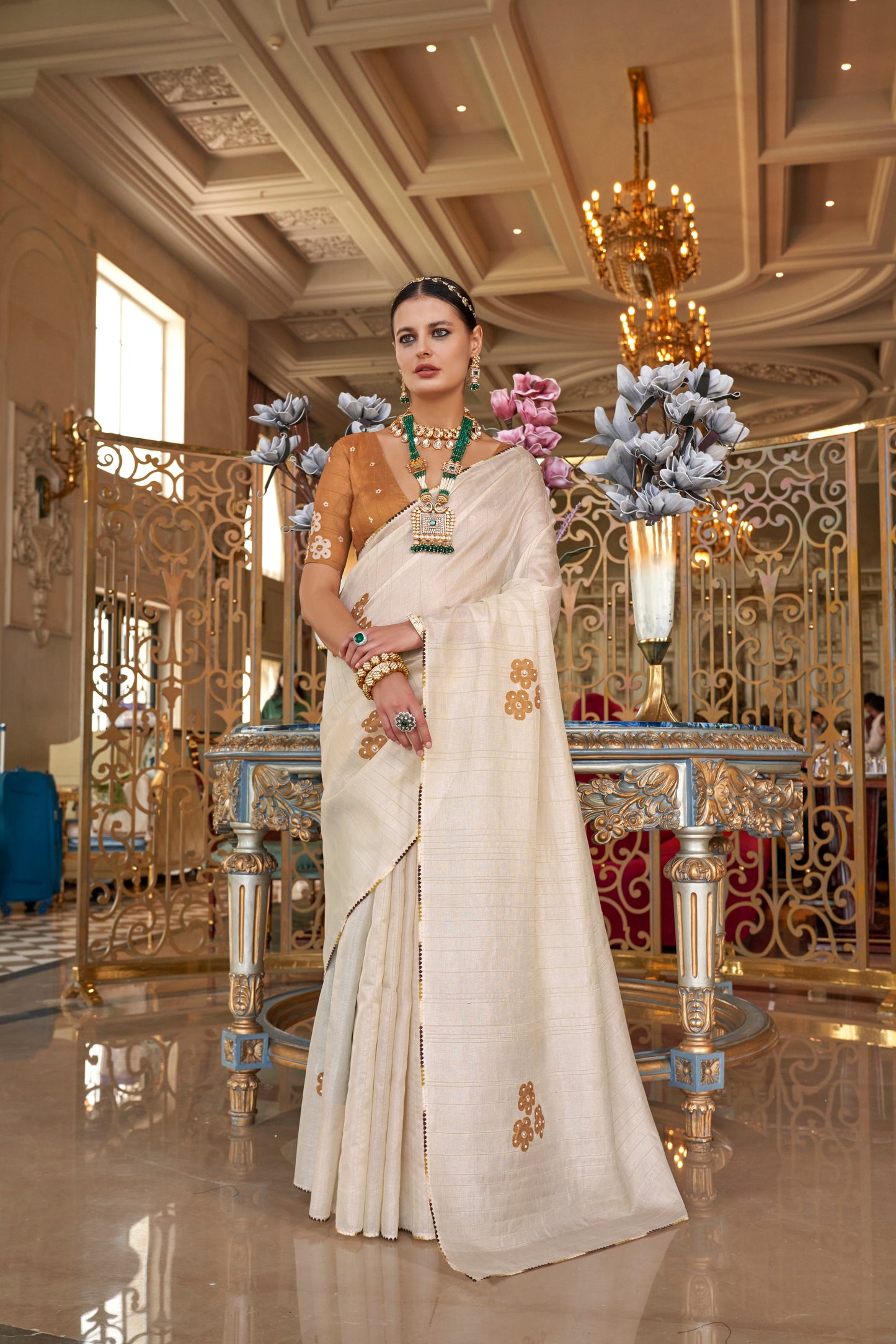 Off White With Mustard Hand Painted Raw Silk Readymade Saree