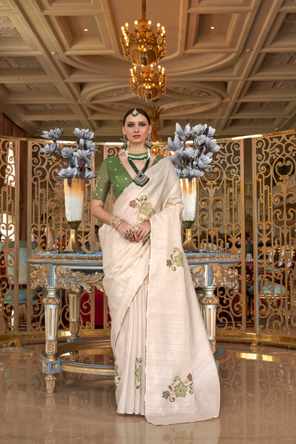 Off White With Green Hand Painted Raw Silk Readymade Saree