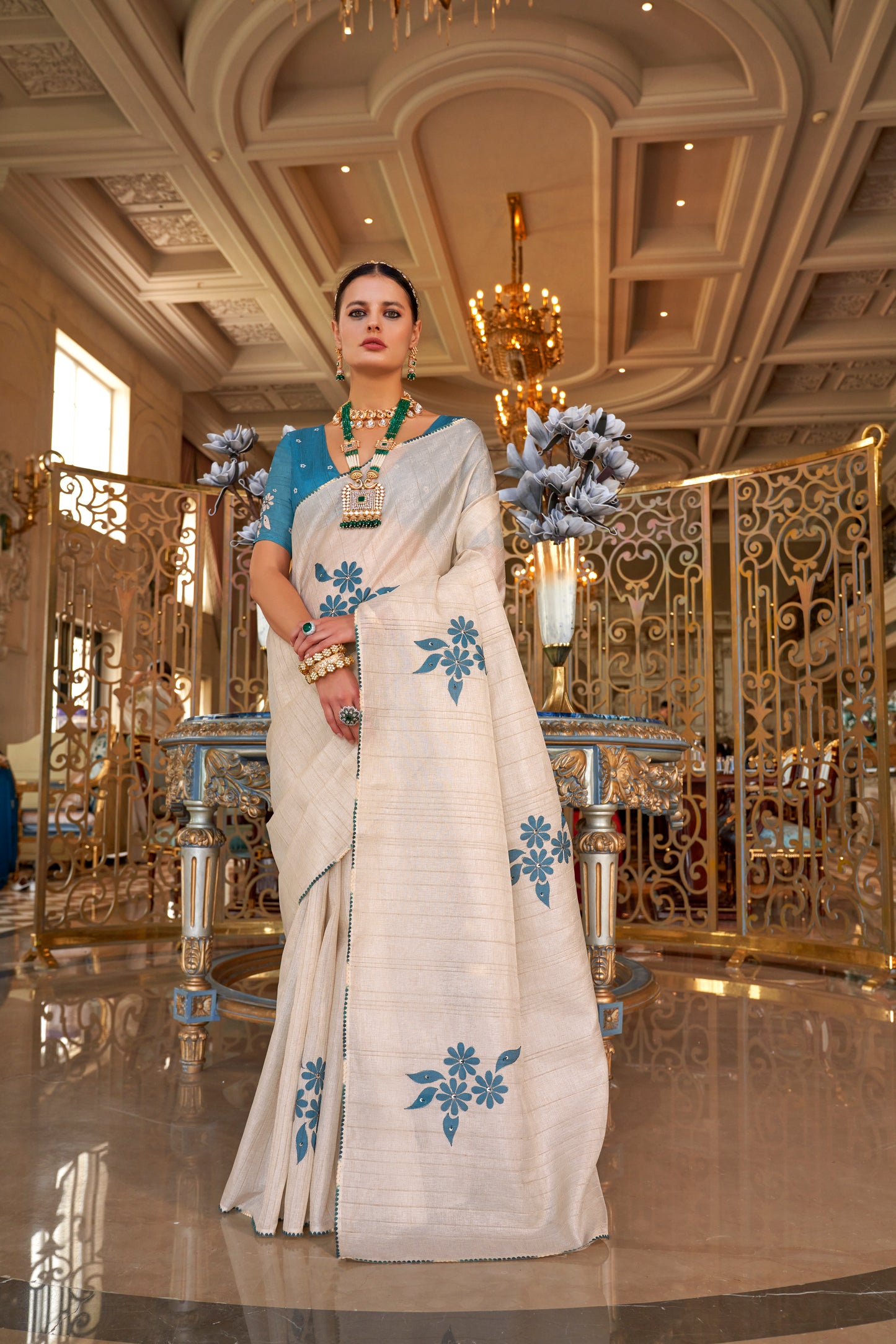 Off White With Blue Hand Painted Raw Silk Readymade Saree