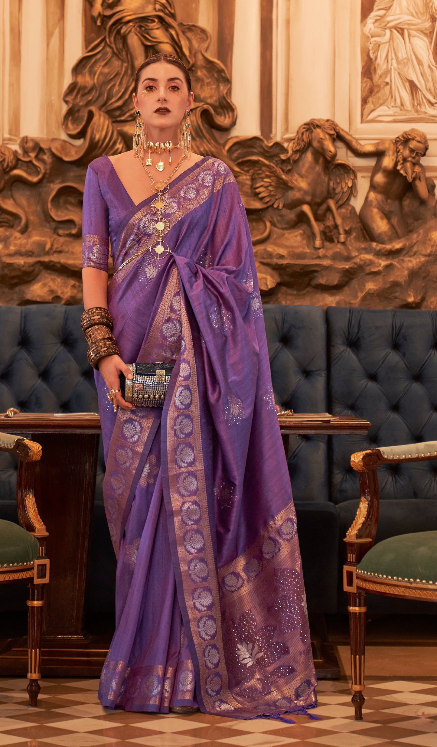 Purple Color Raw Silk Saree With Sequence Work