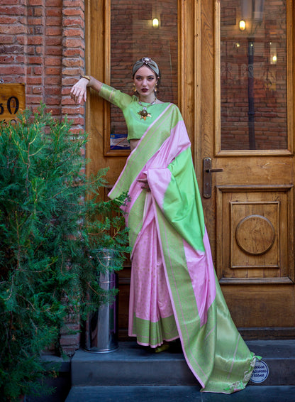 Lavender & Green Color Banarasi Silk Readymade/Easy Fancy Saree