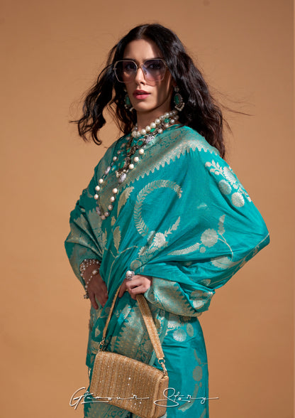 Turquoise Soft Silk Readymade/Easy Saree