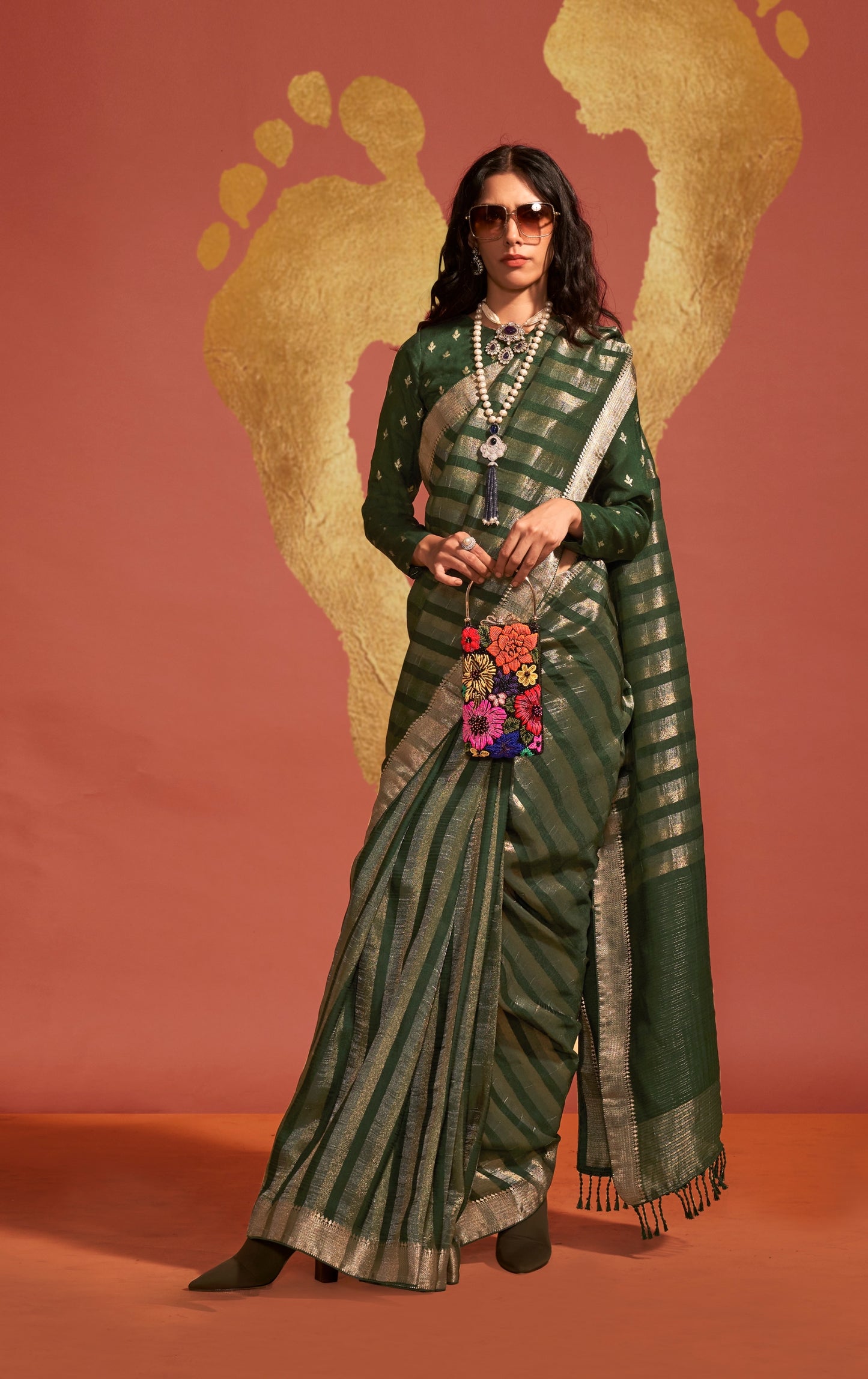 Bottle Green Color Banarasi Silk Readymade/Easy Saree