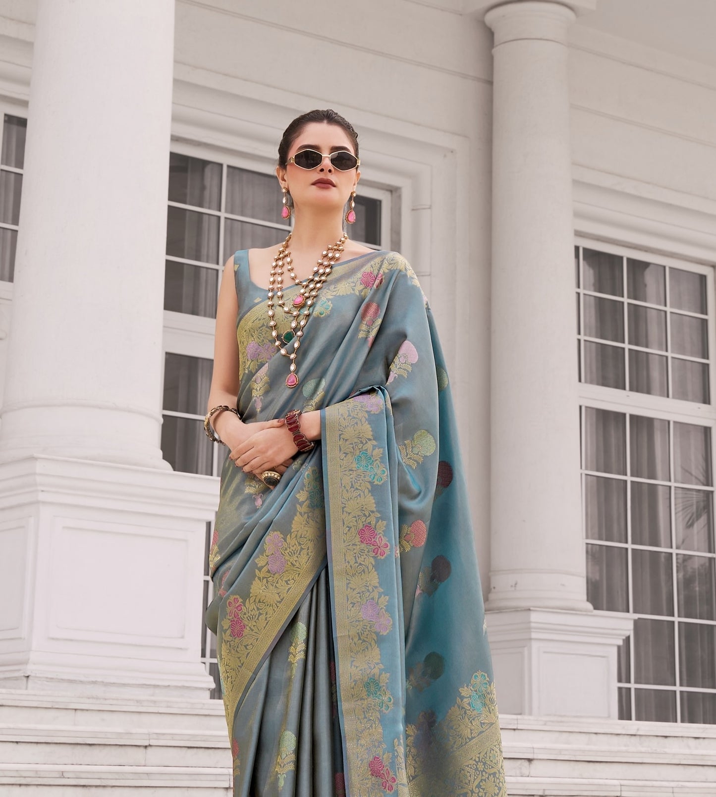 Teal Blue Banarasi Silk Readymade/Easy Saree