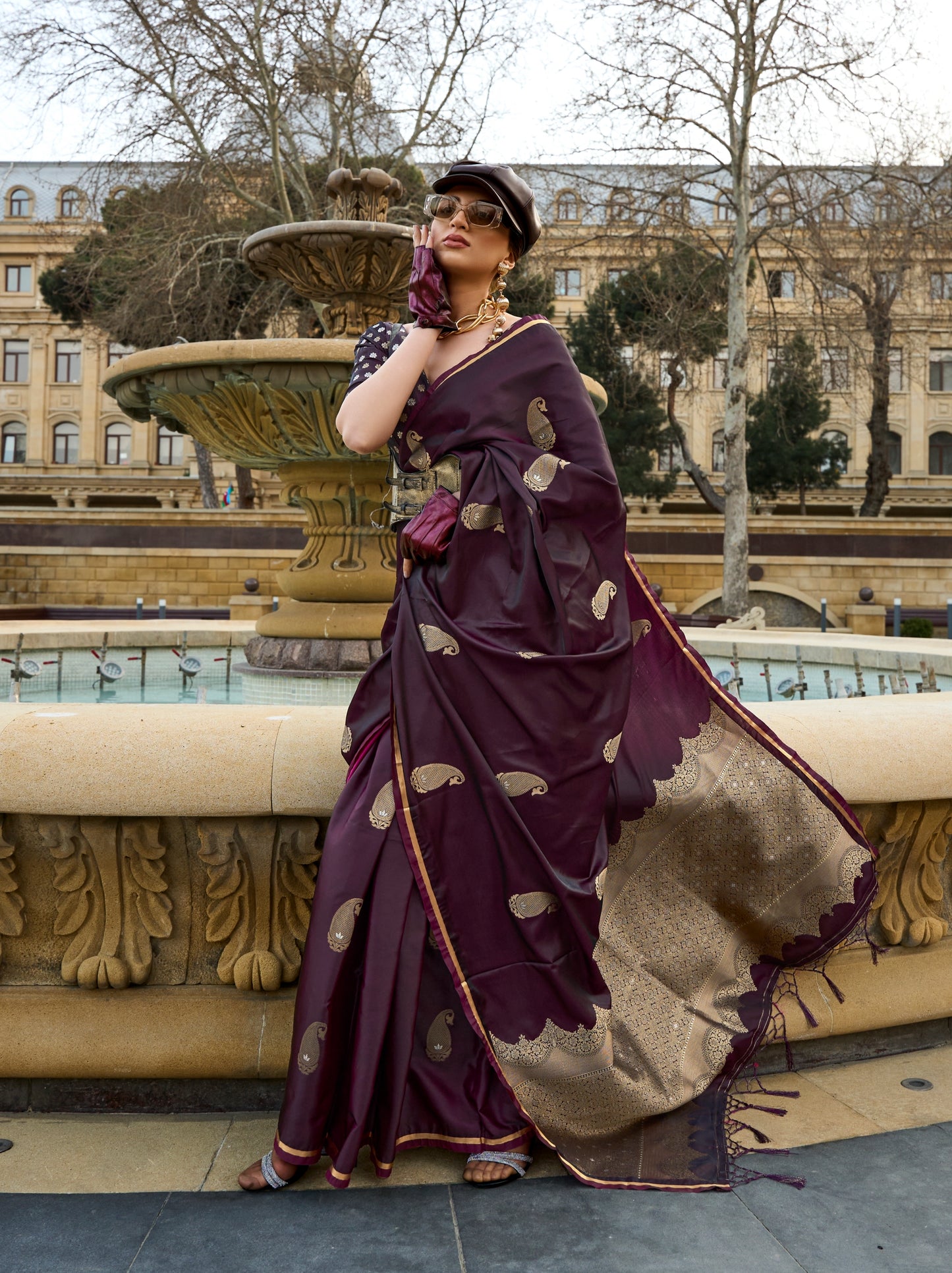 Maroon Satin Silk Readymade Saree