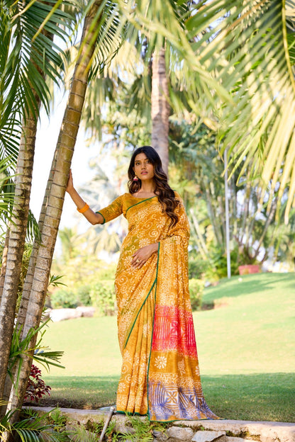 Mustard Batik Print Mul Cotton Easy/Readymade Saree