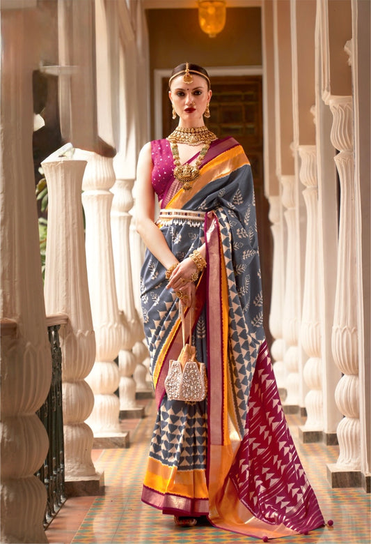 Grey Patola Silk Readymade/Easy Saree