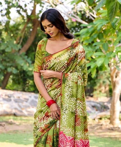 Multicolor Batik Print Mul Cotton Easy/Readymade Saree