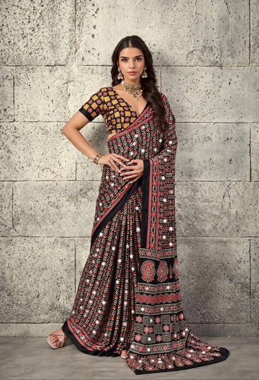 Black patterned crepe-silk ready-to-wear saree with border, draped full length