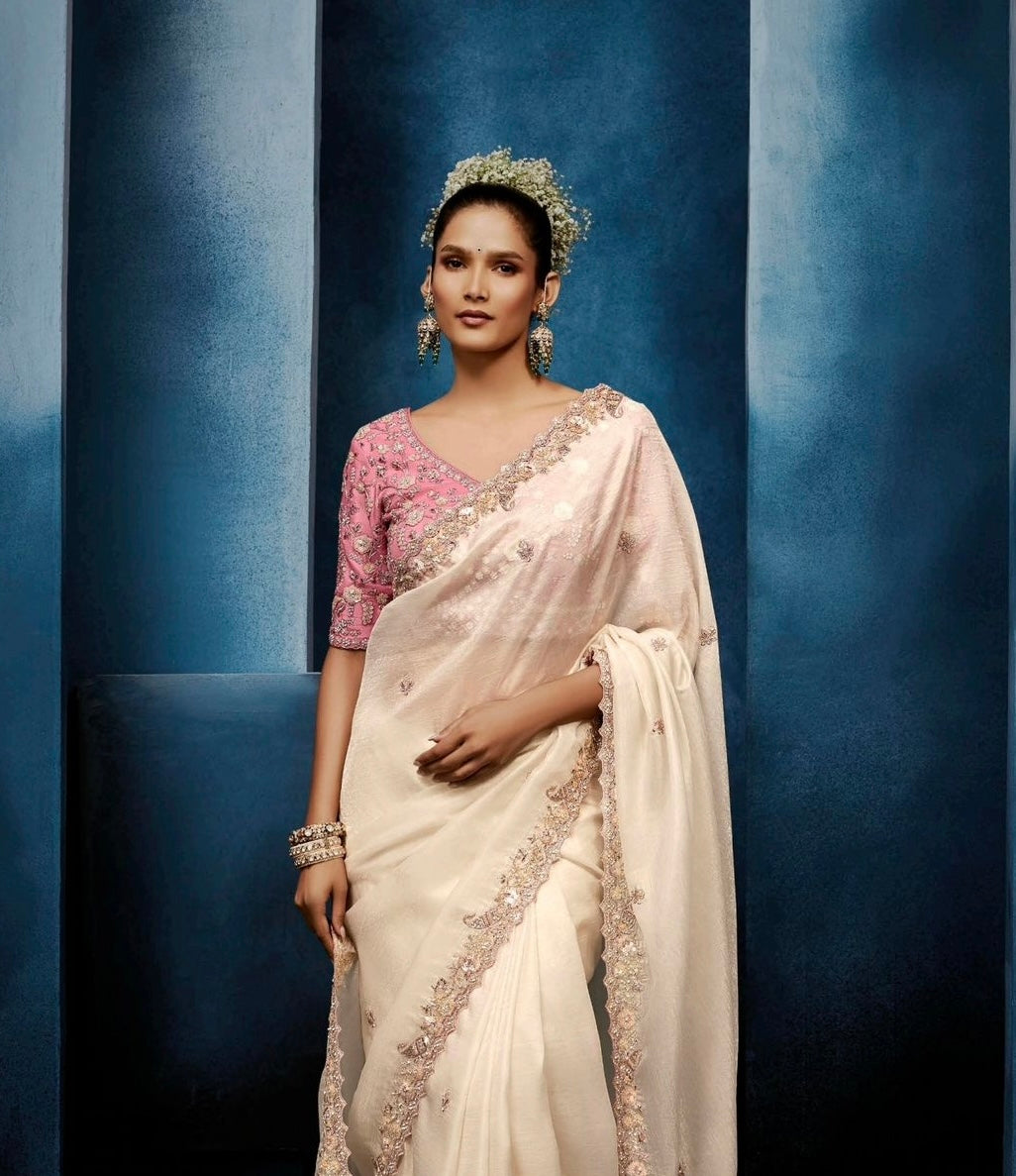Ivory Tissue Silk Ready to wear/Easy Saree - Panaash Saree