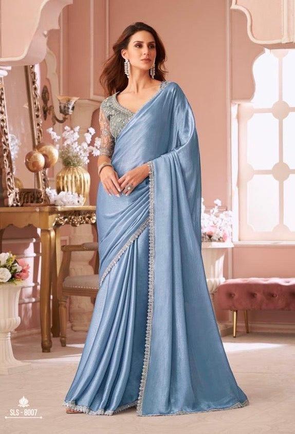 French Blue Cocktail Readymade Saree With Designer Blouse