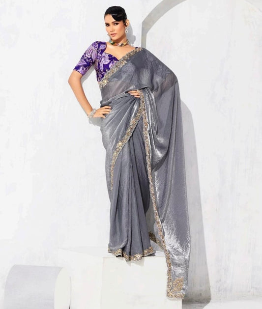 Grey Tissue Silk Readymade/Easy Saree