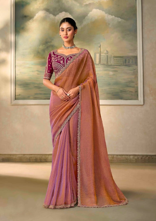 Copper-mauve ready-to-wear sari with maroon embroidered blouse and jeweled border drape