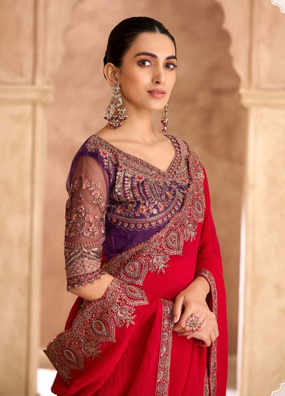 Crimson Red Cocktail Party Wear Readymade Saree