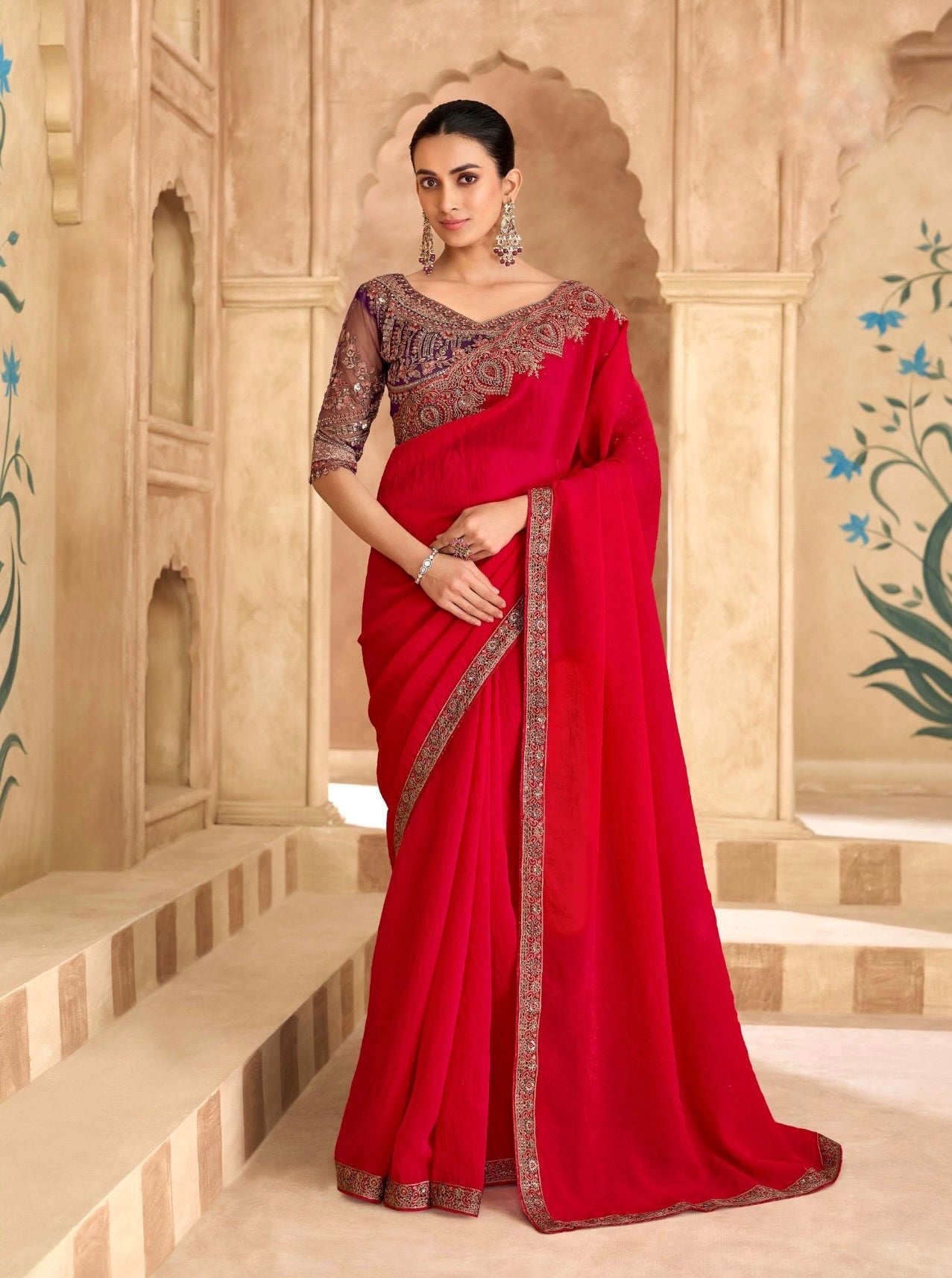 Crimson Red Cocktail Party Wear Readymade Saree