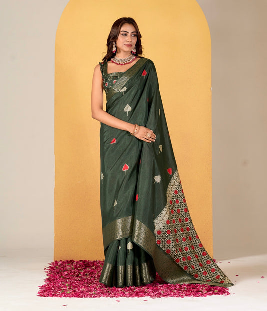 Bottle Green Color Printed Soft Silk Readymade/Easy Saree