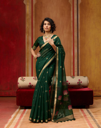 Dark Green Cotton Readymade/Easy Saree