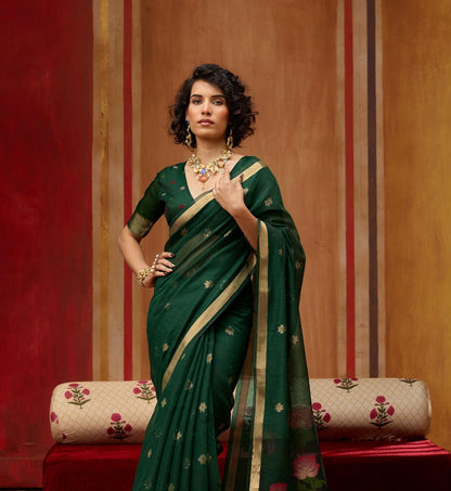 Dark Green Cotton Readymade/Easy Saree