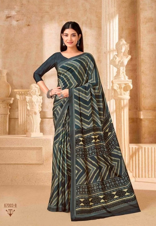 Ready-to-wear saree with striped pallu and geometric border, dark draped fabric