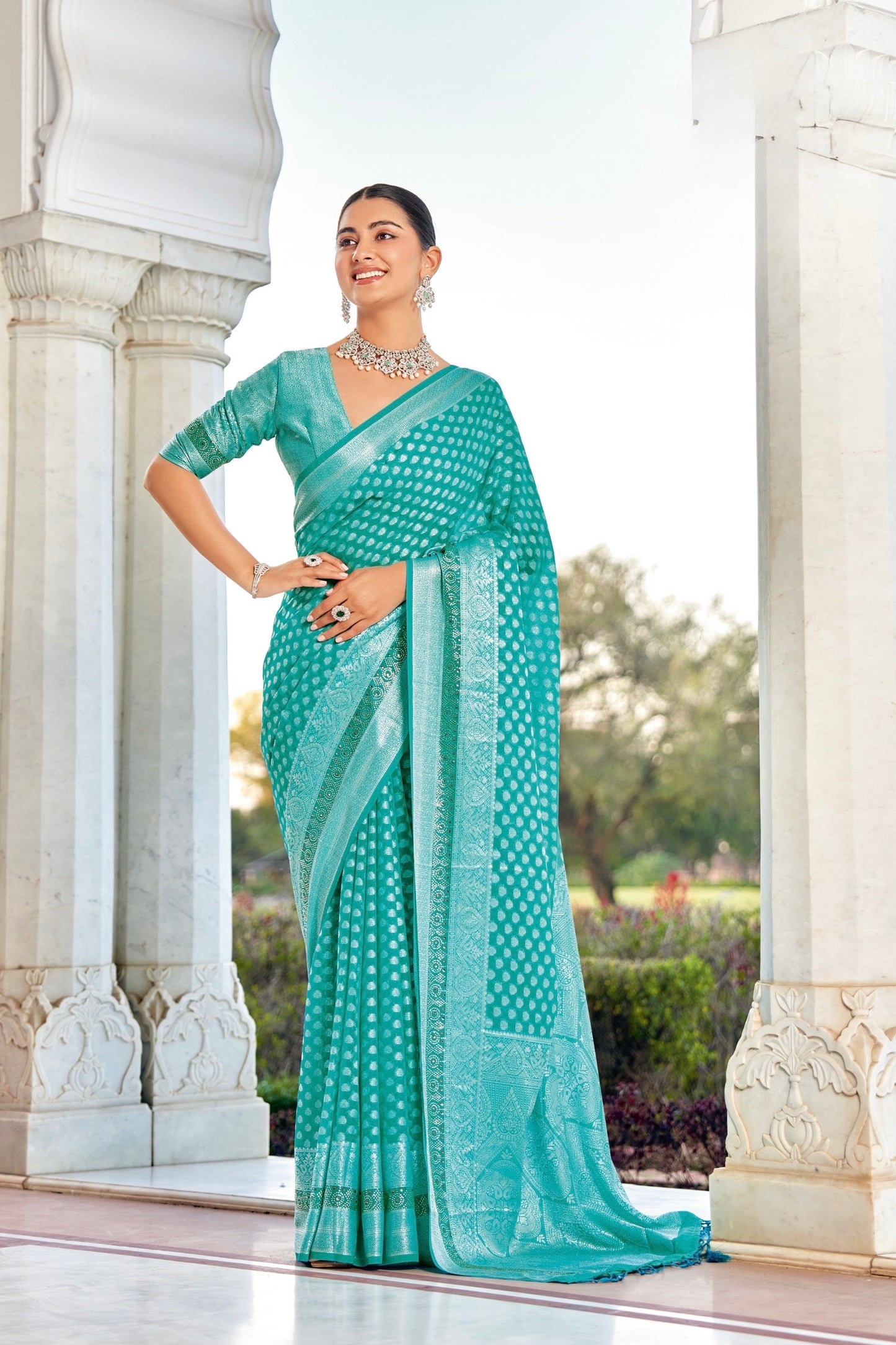 Turquoise Georgette With Stonework Readymade/Easy Saree