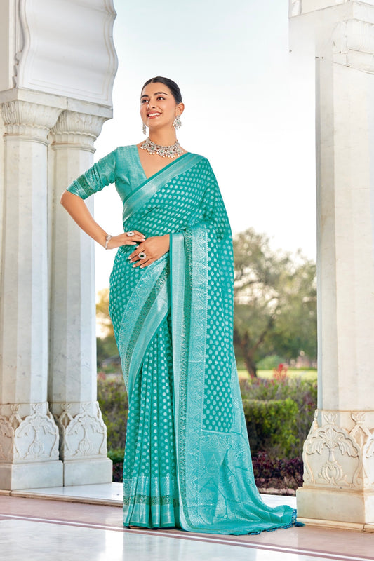 Turquoise Georgette With Stonework Readymade/Easy Saree