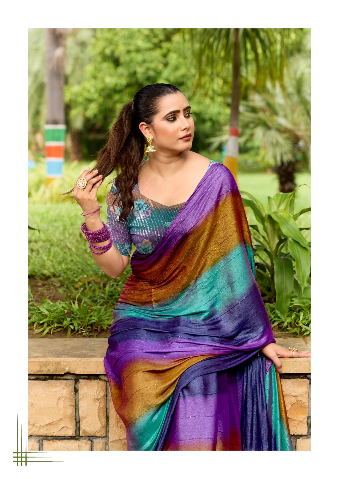 Multicolor Purple Georgette Readymade/Easy Saree