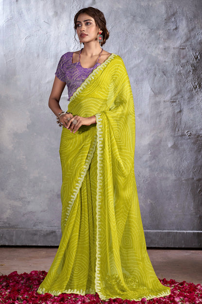 Neon Green Color Georgette Readymade Saree