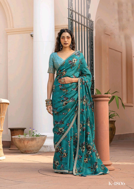 Turquoise Color Printed Silk Readymade/Easy Saree