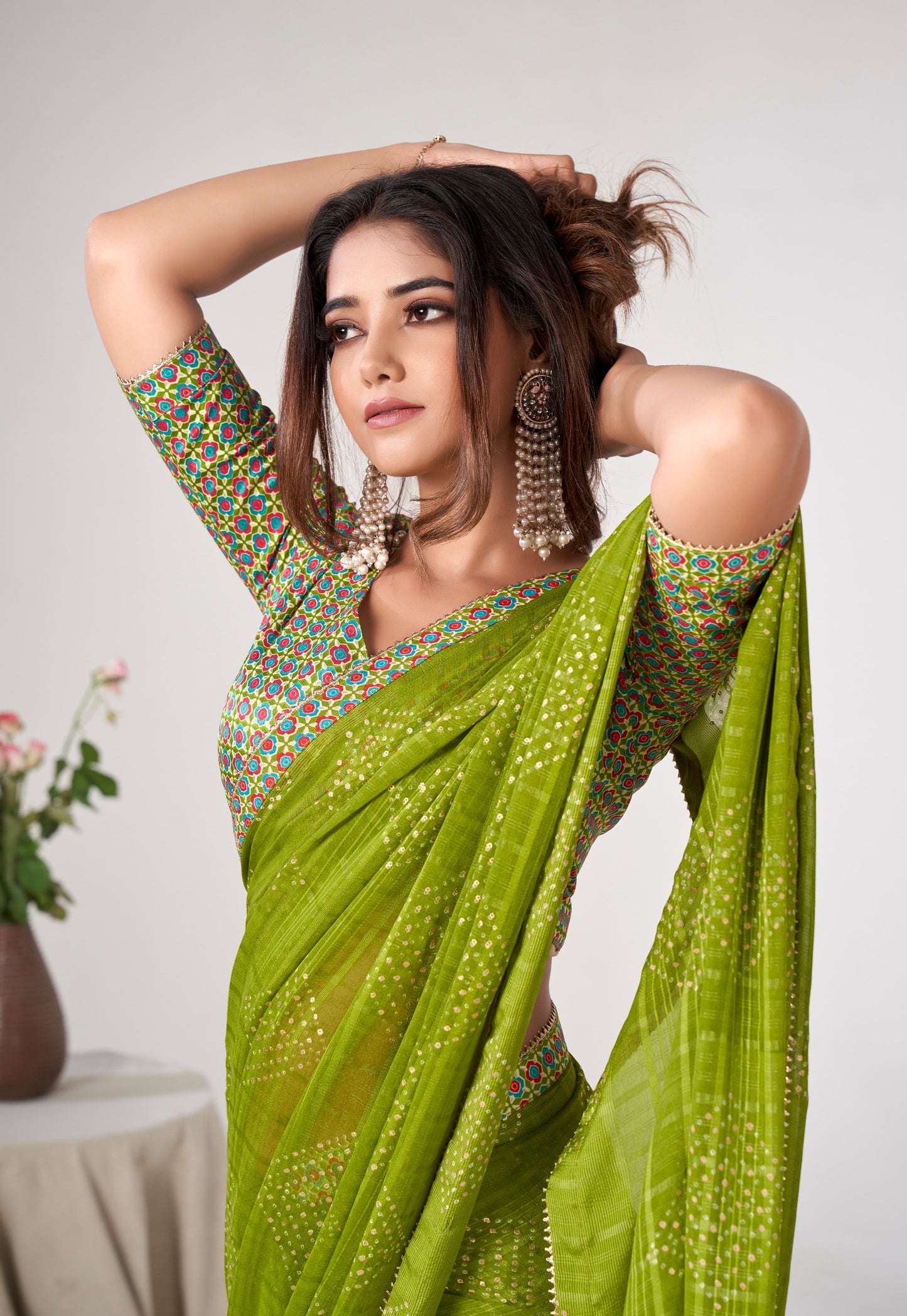 Green Color Georgette Readymade/Easy Saree